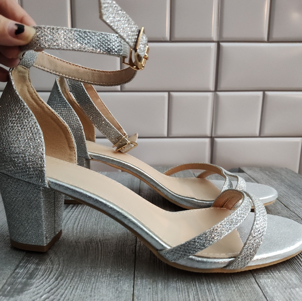 Silver 2 inch ankle strap heels